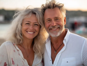 Joyful couple smiles together at sunset on a beach in a picturesque coastal town