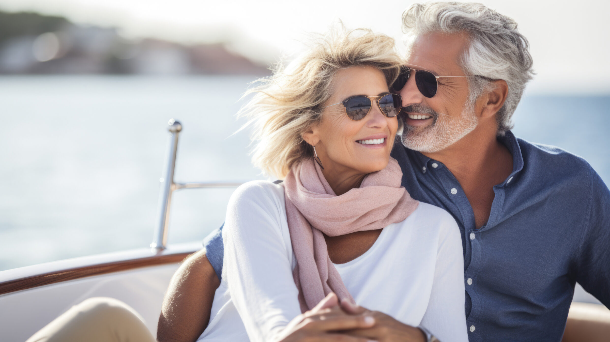 Smiling caucasian middle age couple enjoying leisure sailboat ride in summer